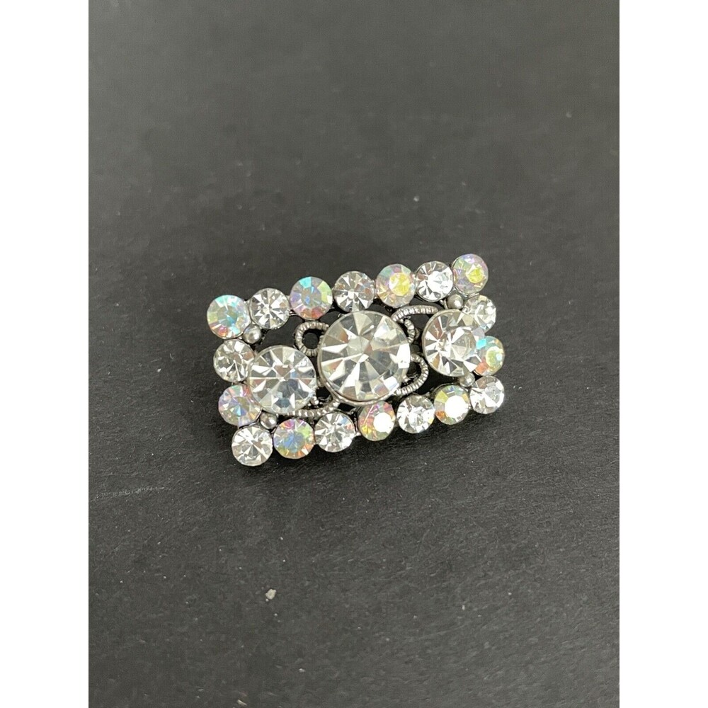 Large Rectangular Button Silver Tone Filagree w/Clear & Iridescent Rhinestones - Picture 12 of 13